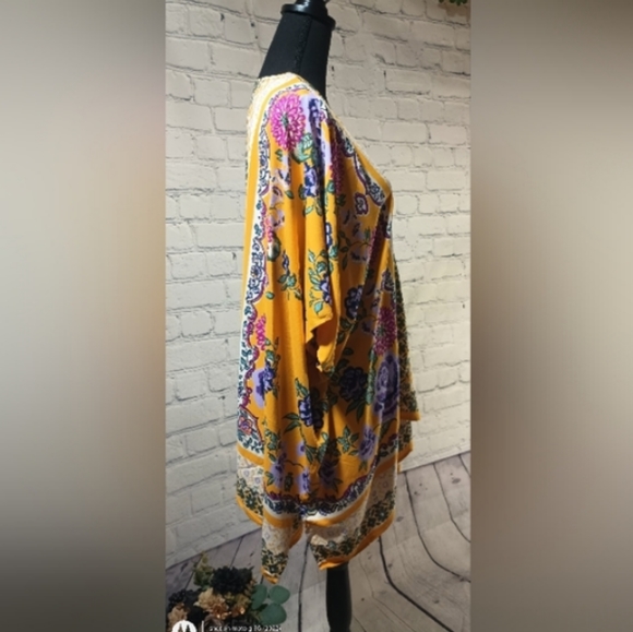 ShortSleeve Purple FloralPrint OpenFont WovenKimono Cardigan Golden - Picture 10 of 16